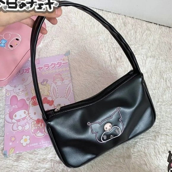 Sanrio Kuromi PVC Leather Shoulder Bag Rectangle Vintage Black & PInk Detail - Picture 1 of 3